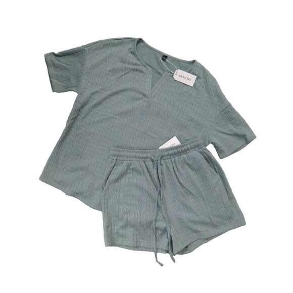 Oraulisa 2 Pc Short Sleeve Shirt V Neck Line Top & Shorts Set Size Small - Picture 5 of 5